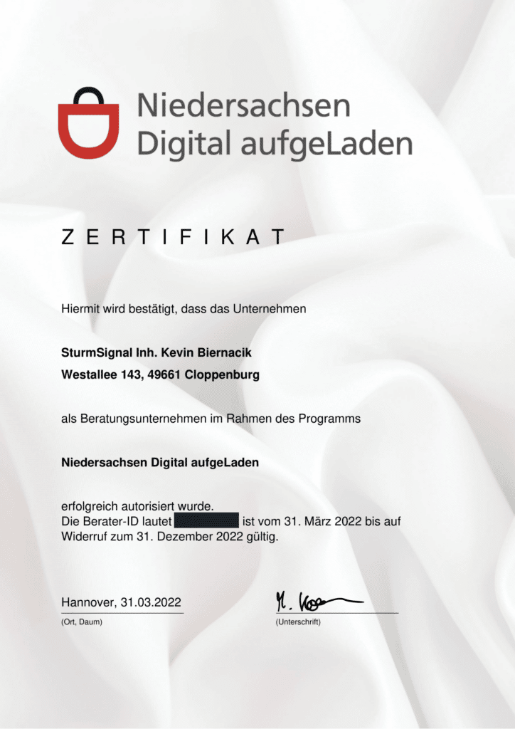 Niedersachsen Digital aufgeladen Zertifikat Online-Marketing Agentur Cloppenburg Niedersachsen